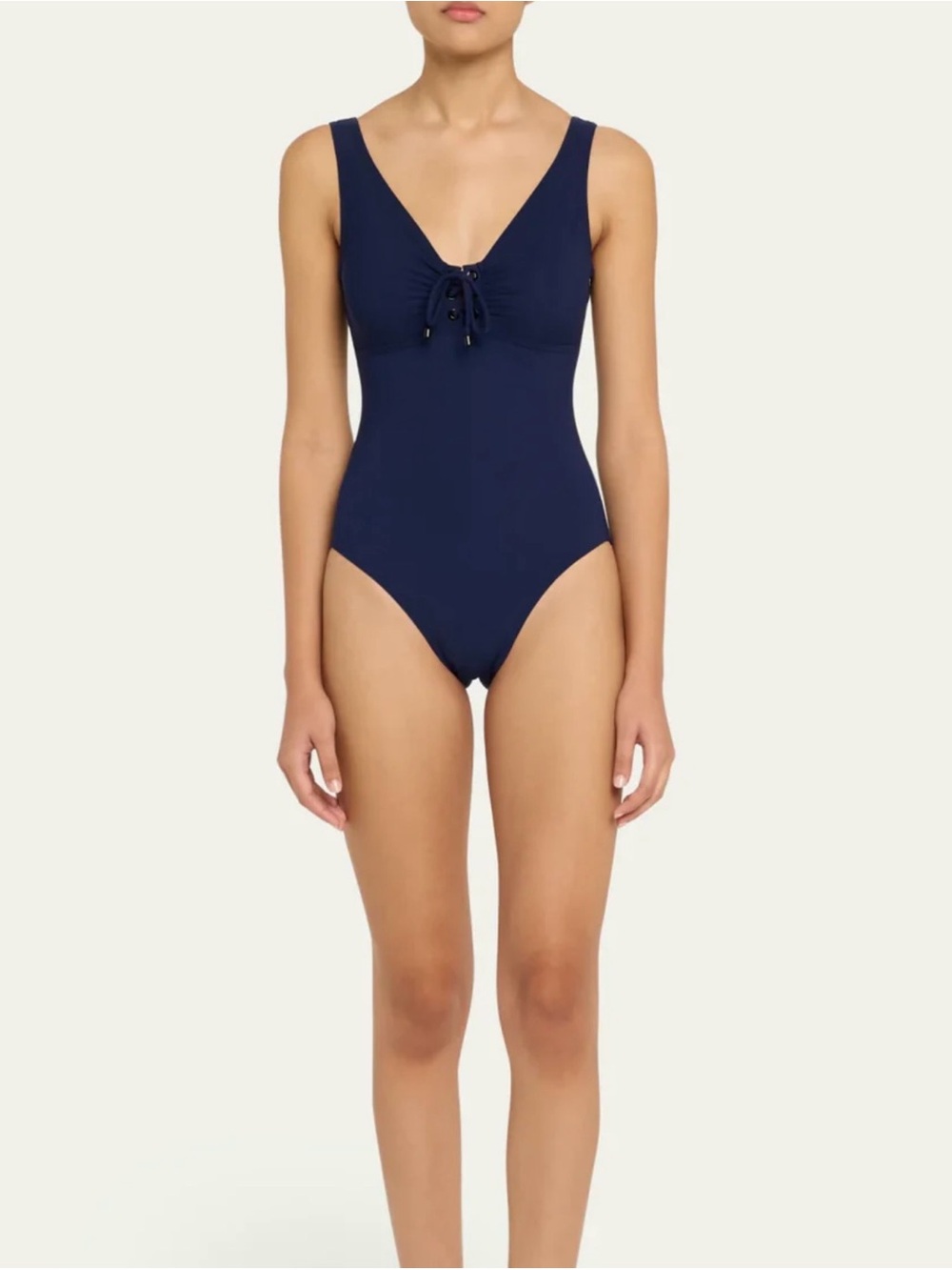 Classic Navy Lace-Up V-Neck One-Piece Swimsuit